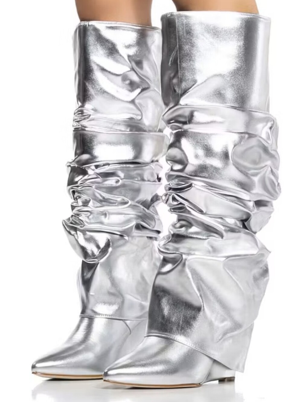 Silver Slouch Knee-High Boots - Women's Fashion Boots